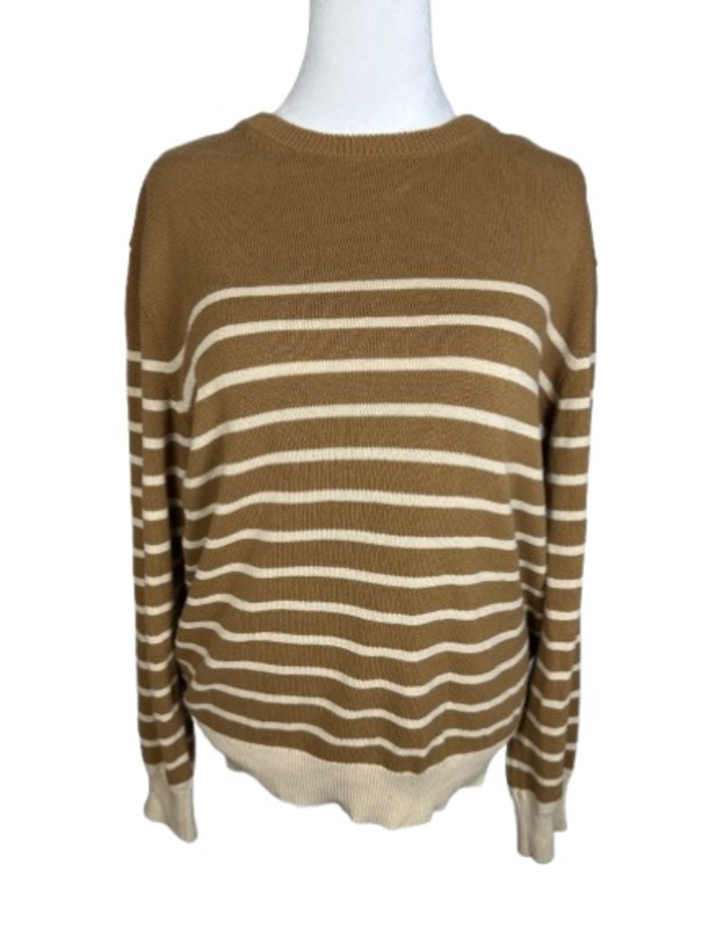J. Crew Camel and Cream Striped Crewneck Sweater